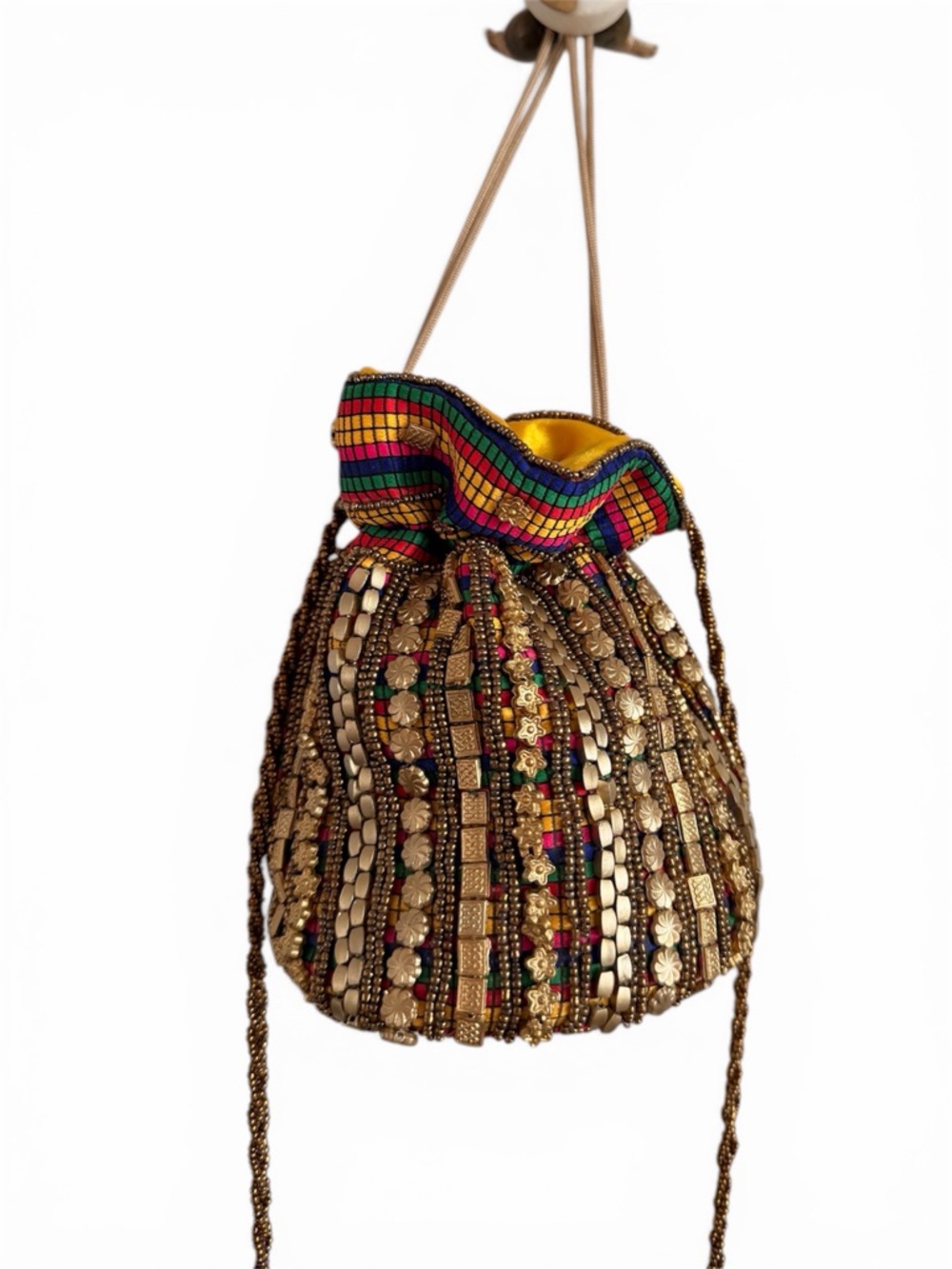 Vintage satin Embellished Gold Beaded Drawstring bucket Bag with Multicolor Trim